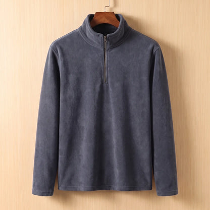 PLAIN FLEECE PULLOVER in Grey - fleece quarter-zip pullover with tall stand collar, on a wooden hanger