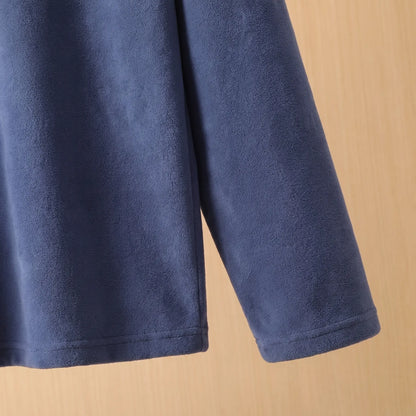 PLAIN FLEECE PULLOVER cuff and hem close-up - plain cuff, side seam and straight hem on the navy fleece