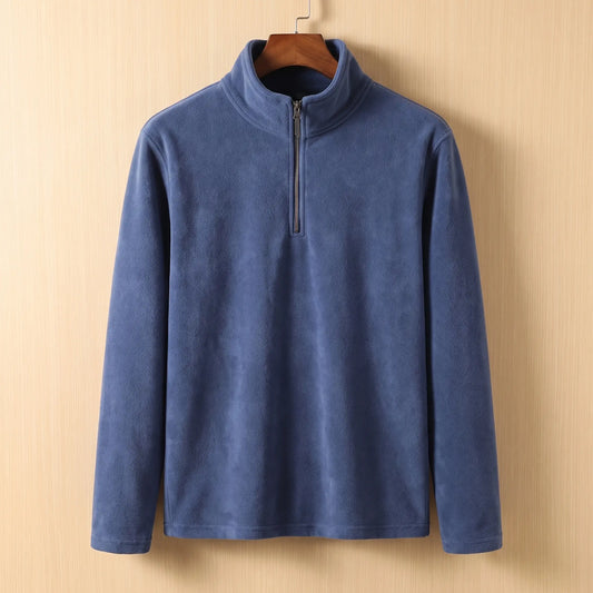 PLAIN FLEECE PULLOVER in Navy - fleece quarter-zip pullover with tall stand collar, on a wooden hanger
