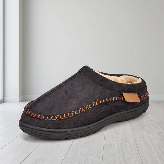PLUSH CLOG SLIPPERS in black, men's backless clog slipper with stitched moccasin toe and warm plush lining