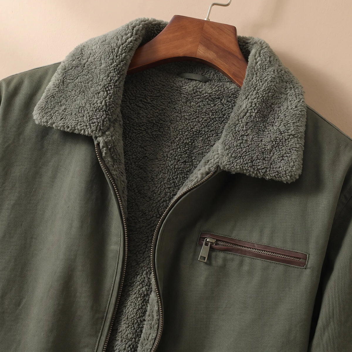 Plush Collar Jacket in Army Green, collar and lining detail