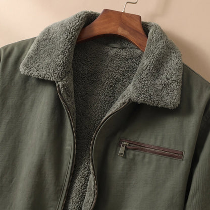 Plush Collar Jacket in Army Green, collar and lining detail