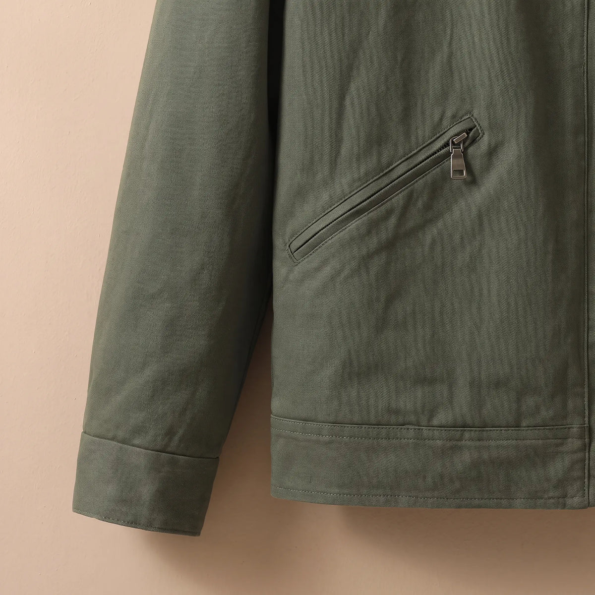 Plush Collar Jacket in Army Green, pocket and cuff detail