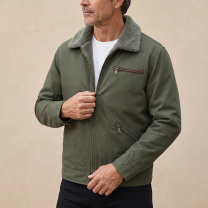 Plush Collar Jacket in Army Green, worn open over a white tee