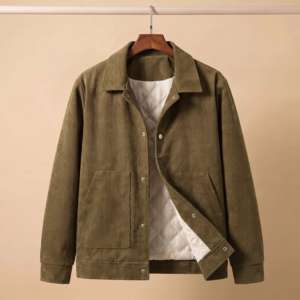 Army green quilted corduroy jacket on a wooden hanger showing the cream quilted lining
