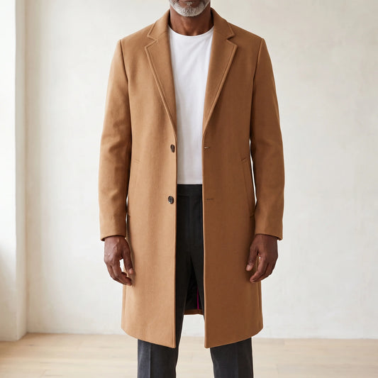 Tan knee-length men's overcoat with two-button front and quilted lining, worn open over a white tee