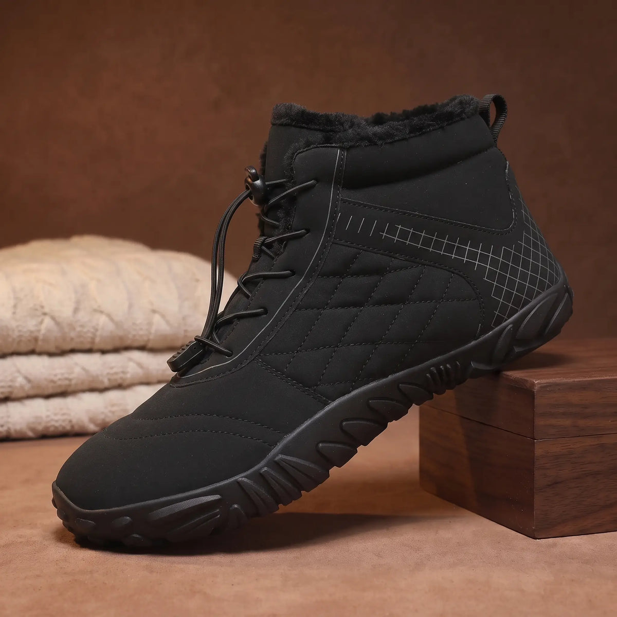 Men's black quilted plush-lined snow boot with toggle laces on a walnut block