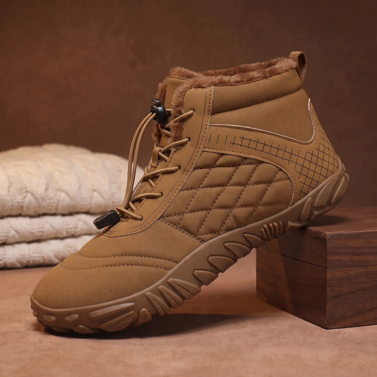 Men's brown quilted plush-lined snow boot with toggle laces on a walnut block