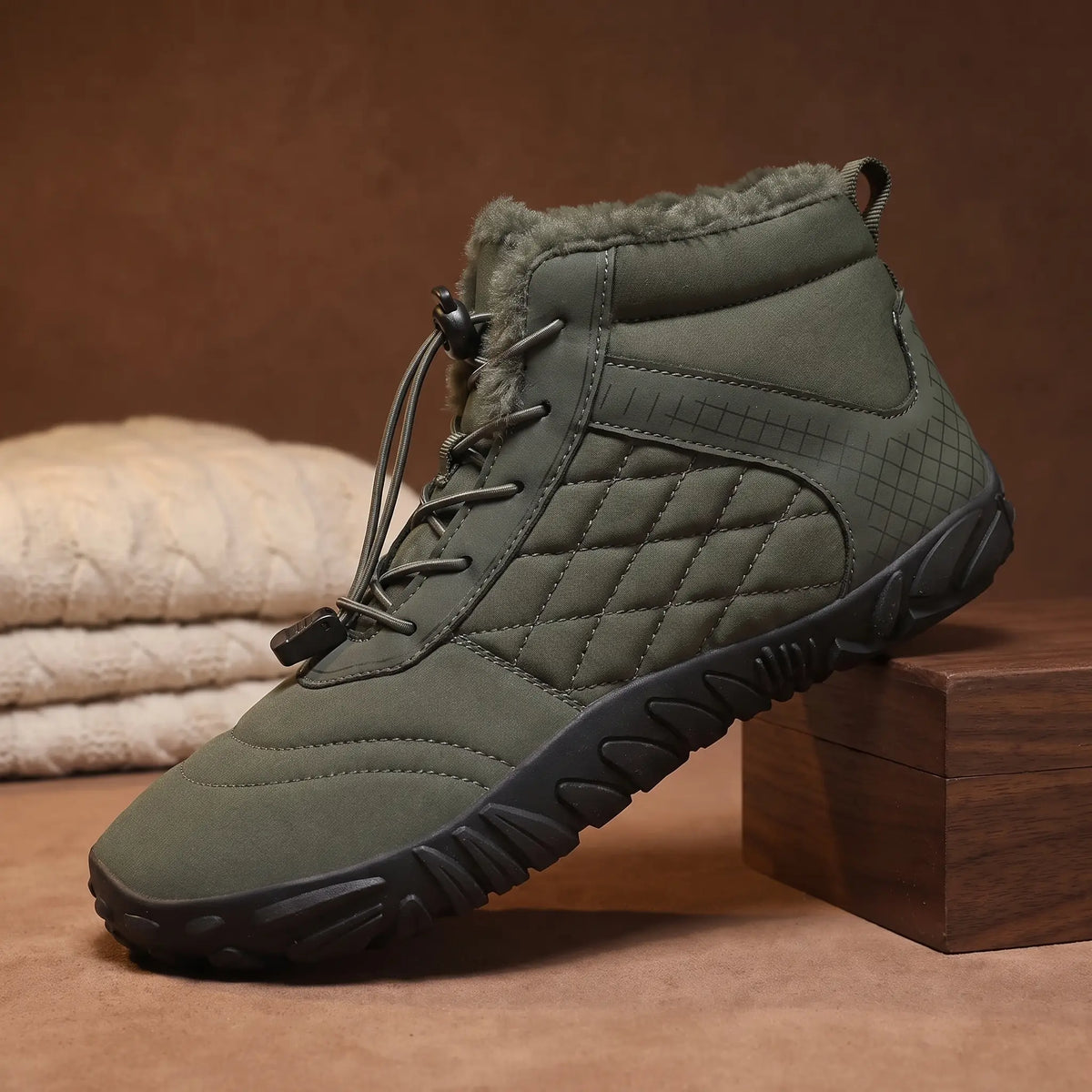 Men's green quilted plush-lined snow boot with toggle laces on a walnut block