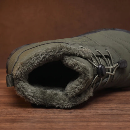 Close-up of the plush lining inside the green quilted snow boot