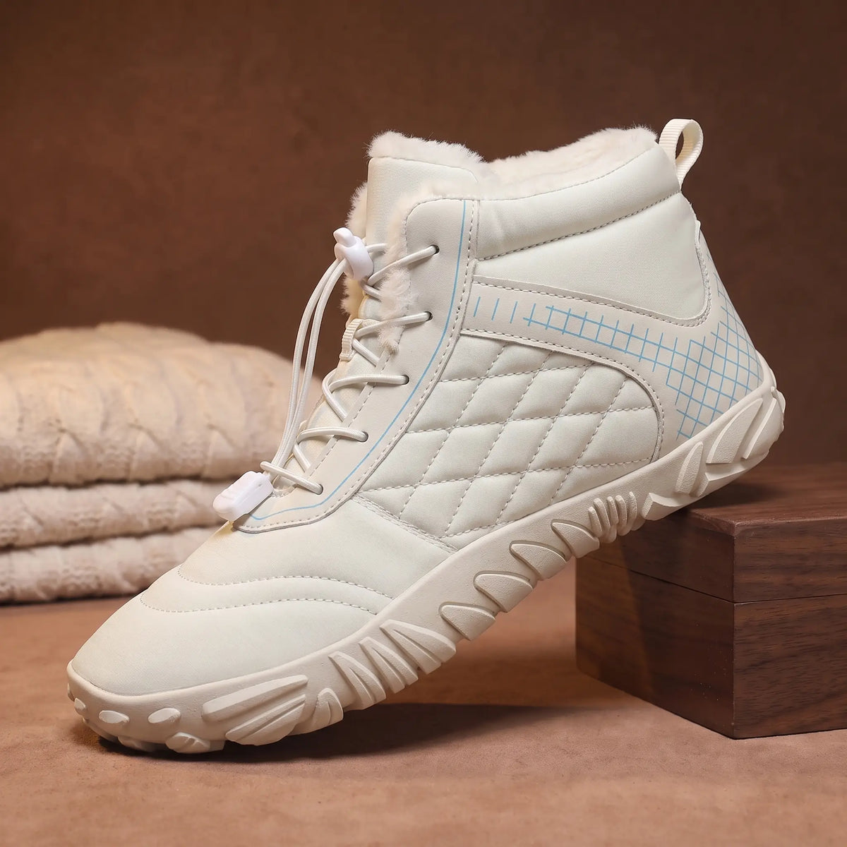 Men's white quilted plush-lined snow boot with toggle laces on a walnut block