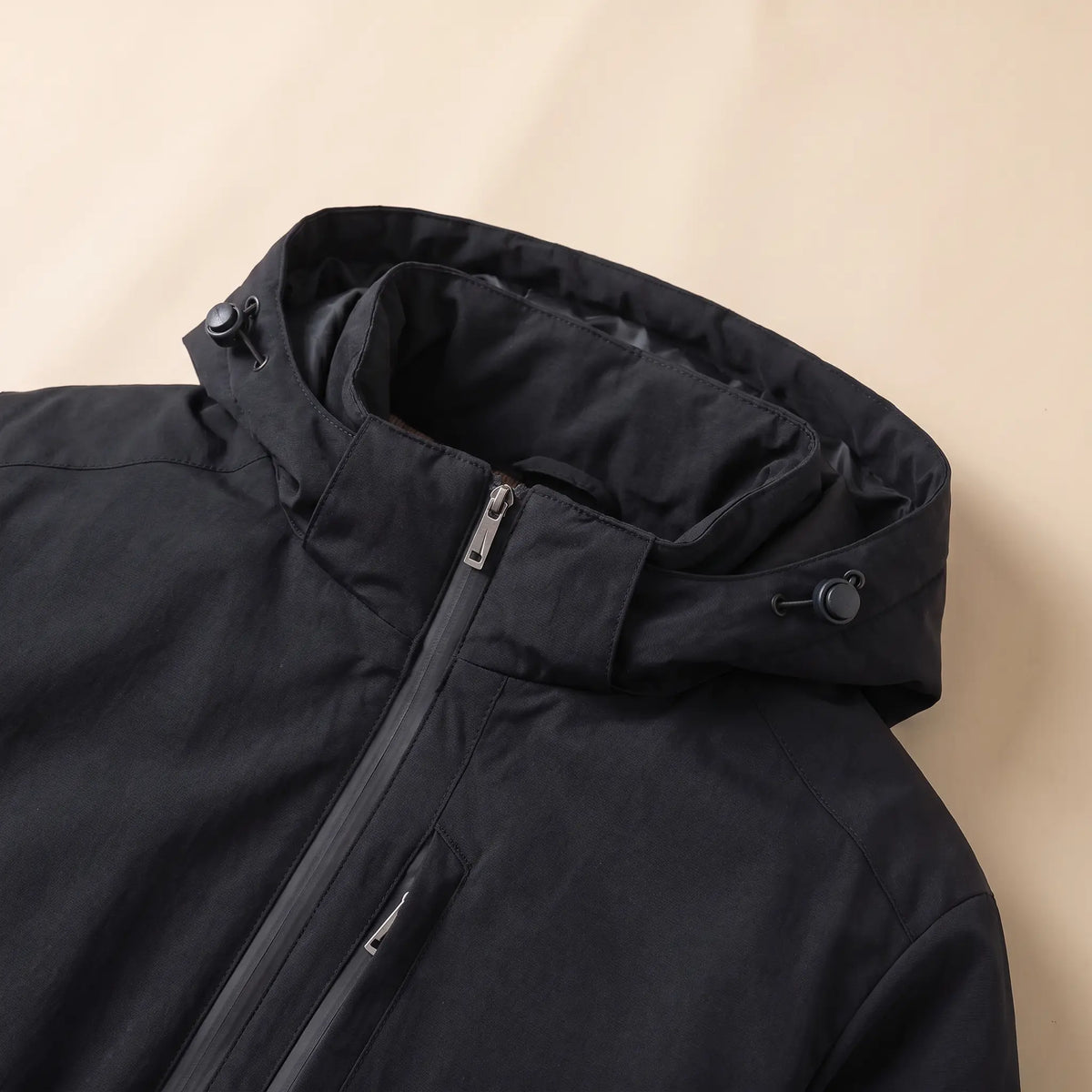 Quilt Lined Jacket hood toggle, collar and zip close-up