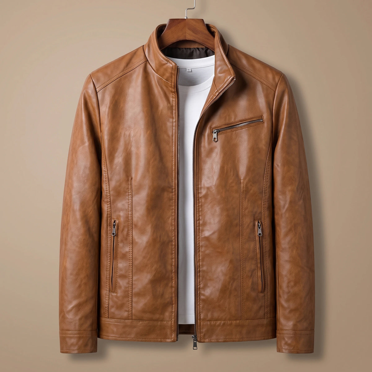Brown racer collar jacket on a wooden hanger