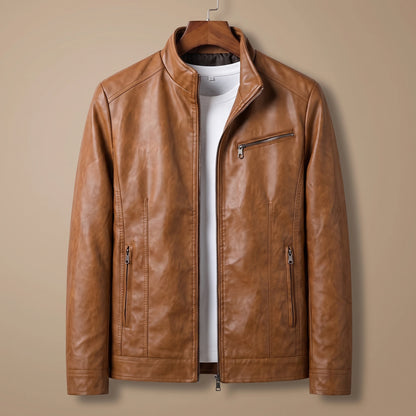 Brown racer collar jacket on a wooden hanger