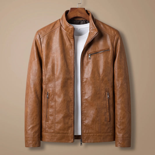 Brown racer collar jacket on a wooden hanger