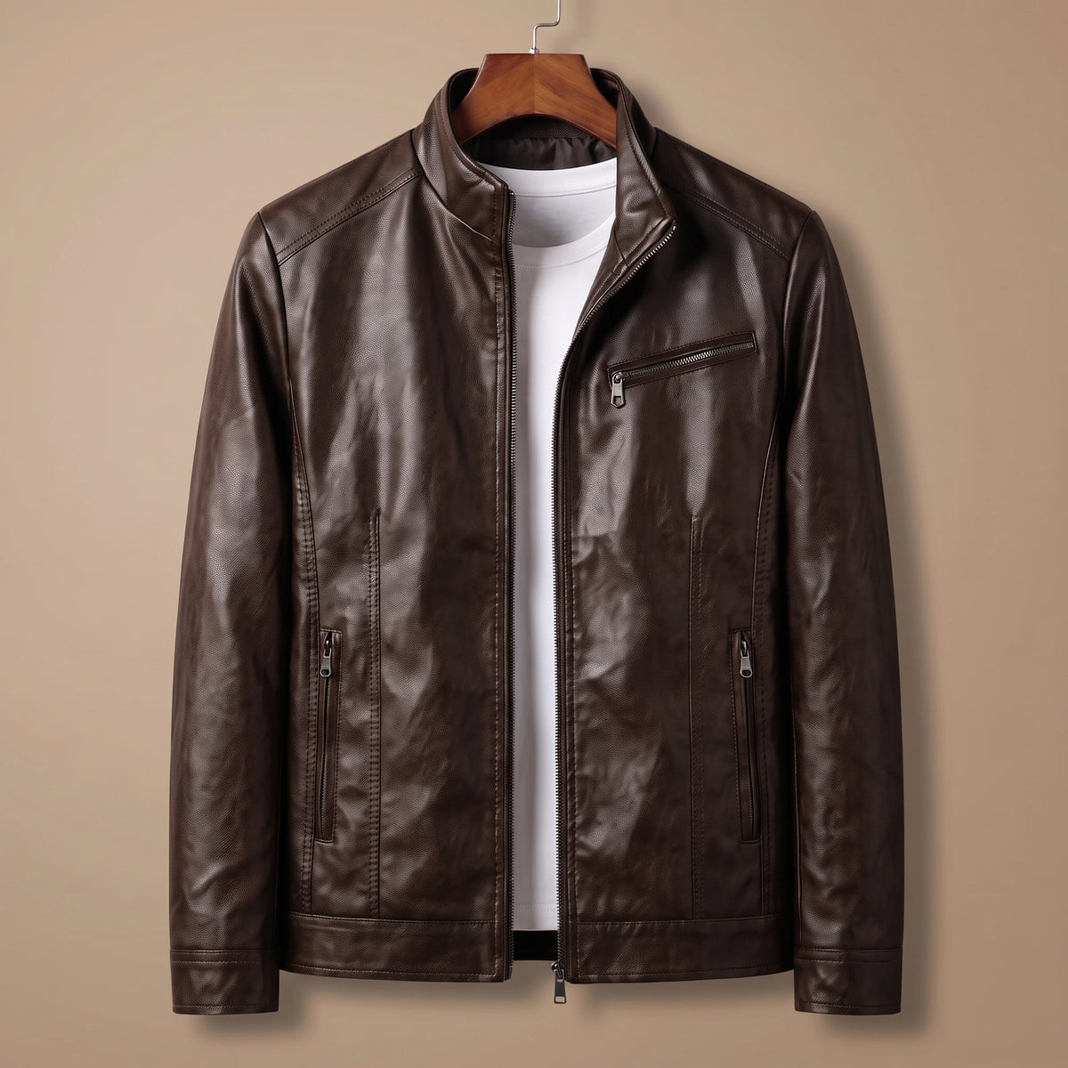 Dark brown racer collar jacket on a wooden hanger