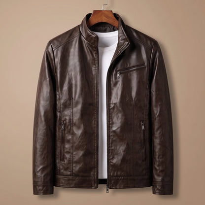 Dark brown racer collar jacket on a wooden hanger