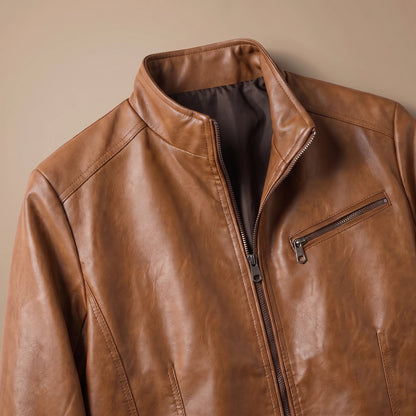 Close view of the stand collar, zip and chest pocket