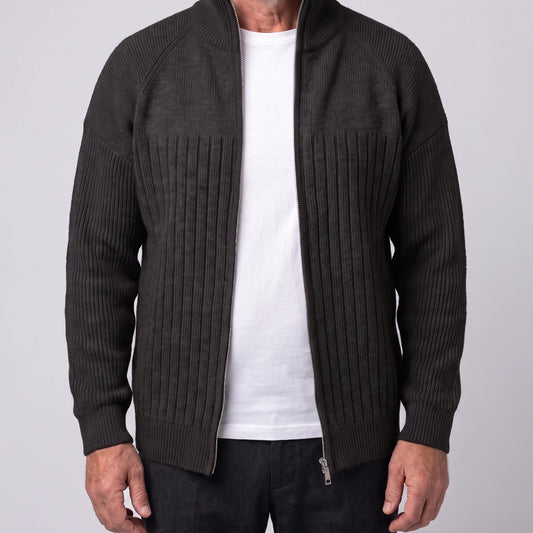 Black men's ribbed knit zip cardigan with tall stand collar and raglan sleeves, worn open