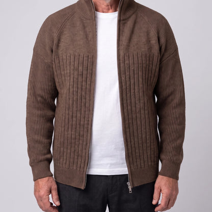 Brown men's ribbed knit zip cardigan with tall stand collar and raglan sleeves, worn open