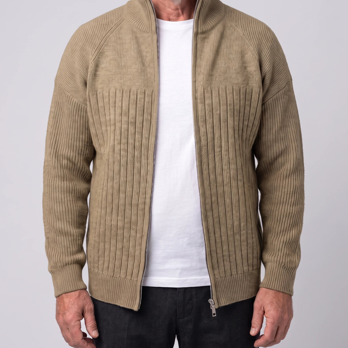 Khaki men's ribbed knit zip cardigan with tall stand collar and raglan sleeves, worn open