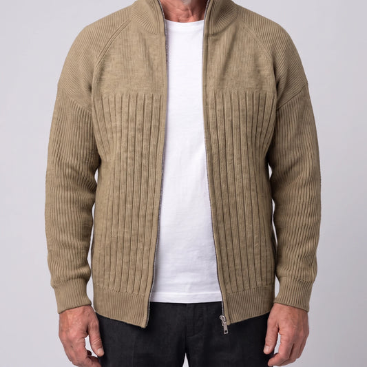 Khaki men's ribbed knit zip cardigan with tall stand collar and raglan sleeves, worn open