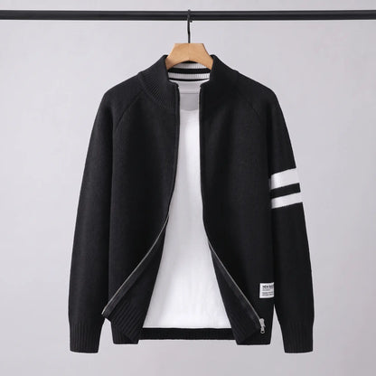 Raglan Zip Cardigan in black on a wooden hanger, men's knit full-zip cardigan with white sleeve stripes