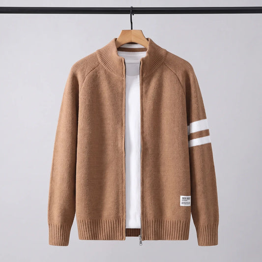 Raglan Zip Cardigan in brown on a wooden hanger, men's knit full-zip cardigan with stand collar and white sleeve stripes