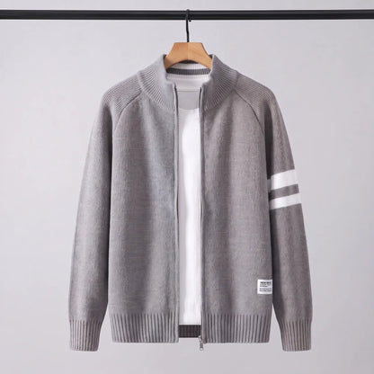 Raglan Zip Cardigan in gray on a wooden hanger, men's knit full-zip cardigan with stand collar
