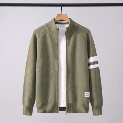 Raglan Zip Cardigan in green on a wooden hanger, men's knit full-zip cardigan with white sleeve stripes