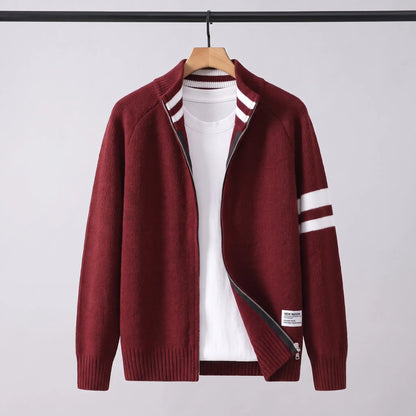 Raglan Zip Cardigan in red on a wooden hanger, men's knit full-zip cardigan with white sleeve stripes