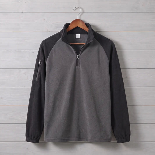 RAGLAN ZIP FLEECE in black, charcoal grey men's brushed fleece quarter-zip pullover with contrast raglan sleeves in black