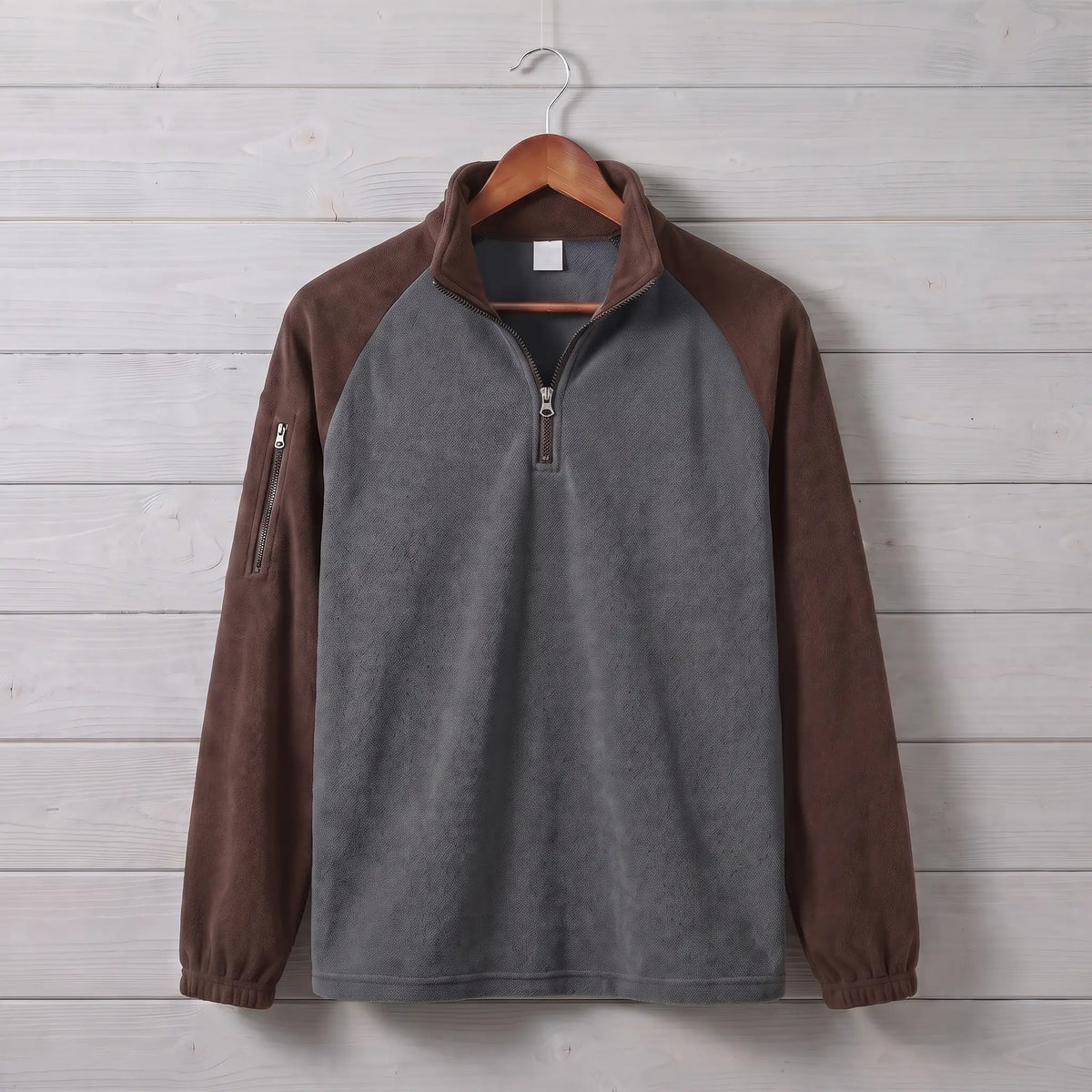 RAGLAN ZIP FLEECE in brown, charcoal grey men's brushed fleece quarter-zip pullover with contrast raglan sleeves in brown