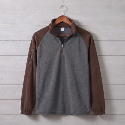 RAGLAN ZIP FLEECE in brown, charcoal grey men's brushed fleece quarter-zip pullover with contrast raglan sleeves in brown