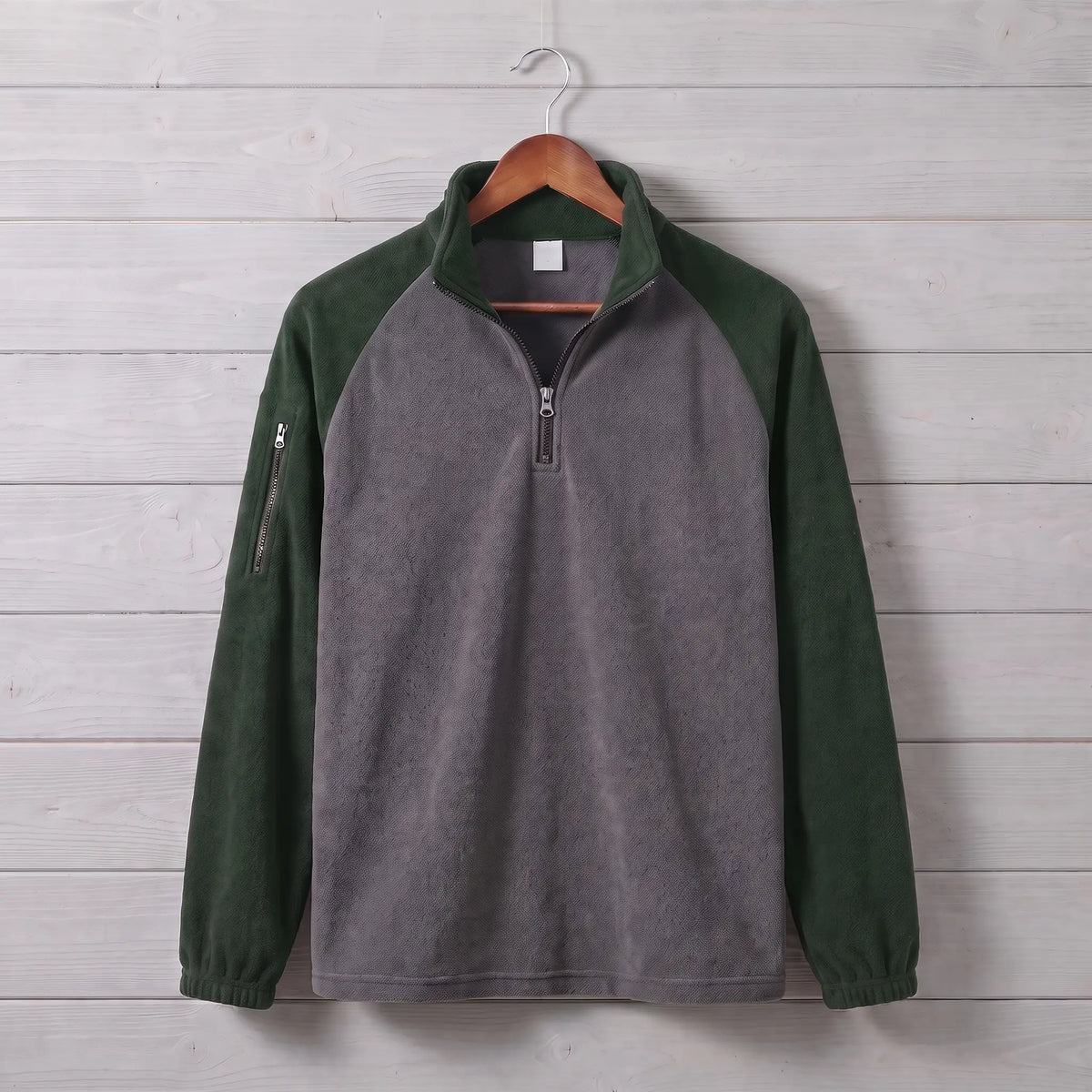 RAGLAN ZIP FLEECE in green, charcoal grey men's brushed fleece quarter-zip pullover with contrast raglan sleeves in green