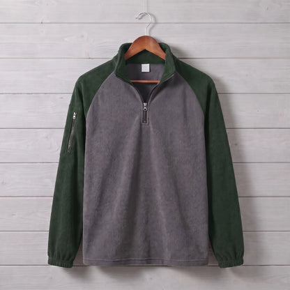 RAGLAN ZIP FLEECE in green, charcoal grey men's brushed fleece quarter-zip pullover with contrast raglan sleeves in green
