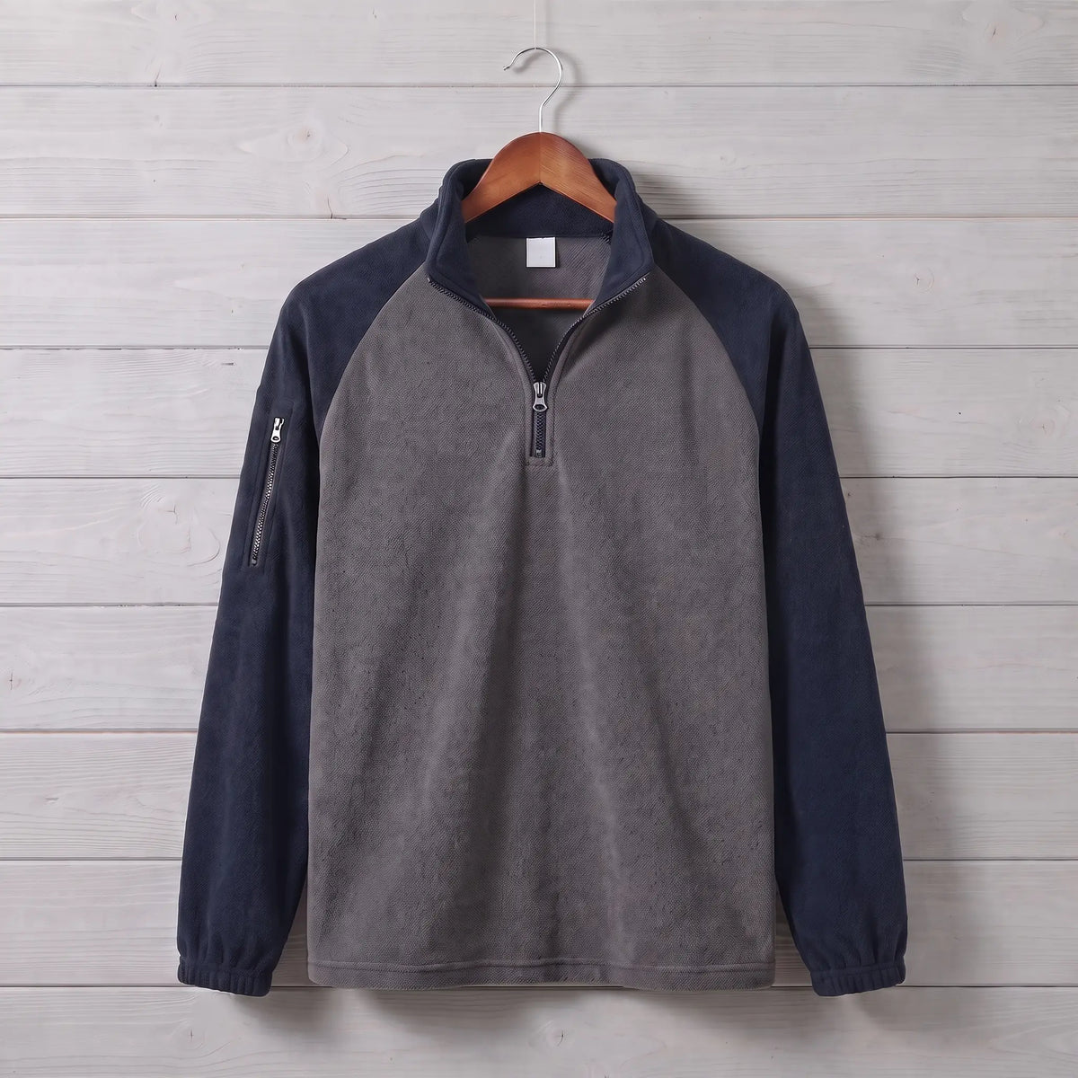 RAGLAN ZIP FLEECE in navy blue, charcoal grey men's brushed fleece quarter-zip pullover with contrast raglan sleeves in navy blue