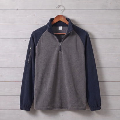 RAGLAN ZIP FLEECE in navy blue, charcoal grey men's brushed fleece quarter-zip pullover with contrast raglan sleeves in navy blue