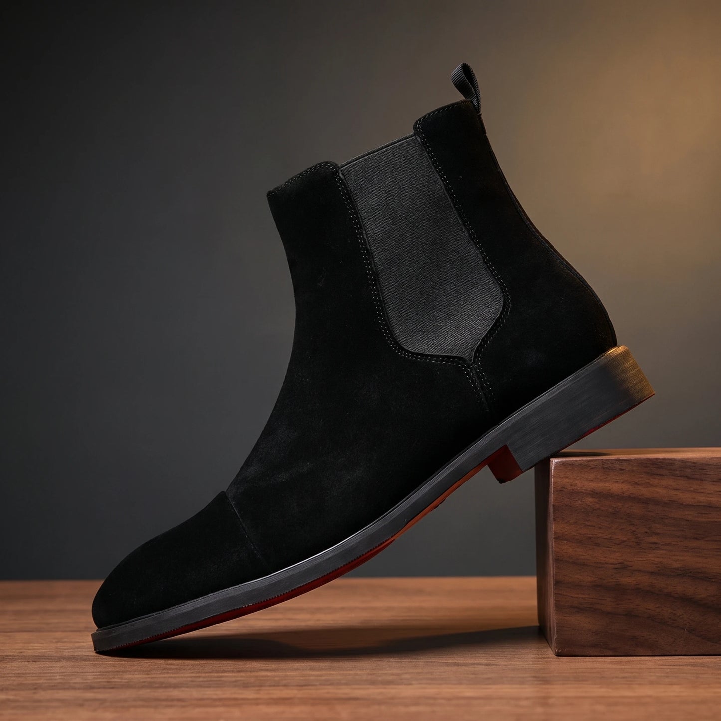 RED SOLE BOOTS in black matte suede, red-sole Chelsea boot, pedestal hero