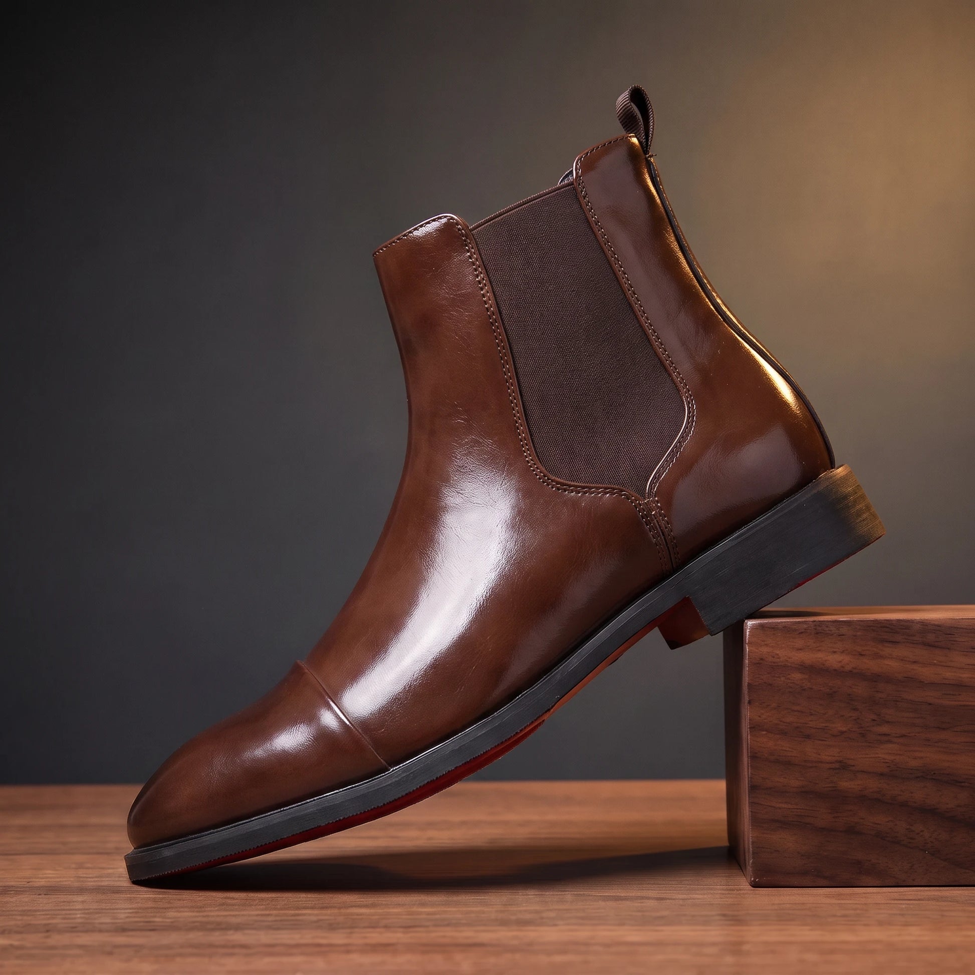 RED SOLE BOOTS in glossy brown, red-sole Chelsea boot, pedestal hero