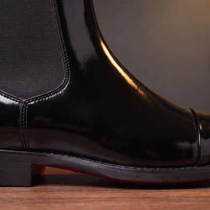RED SOLE BOOTS black patent, side profile detail of elastic gore and red sole