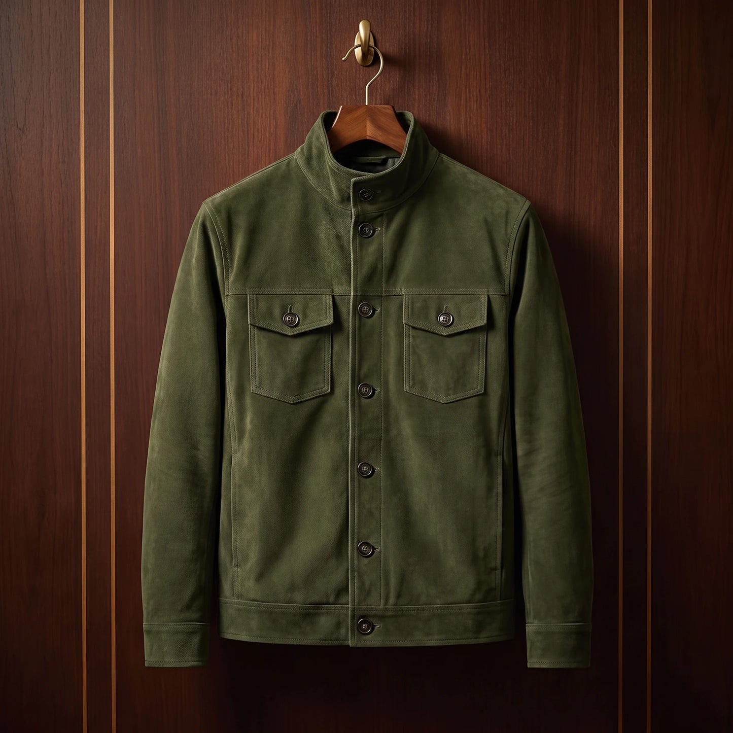 REFINED CHORE JACKET in army green, soft matte suede button-front shirt jacket, front view