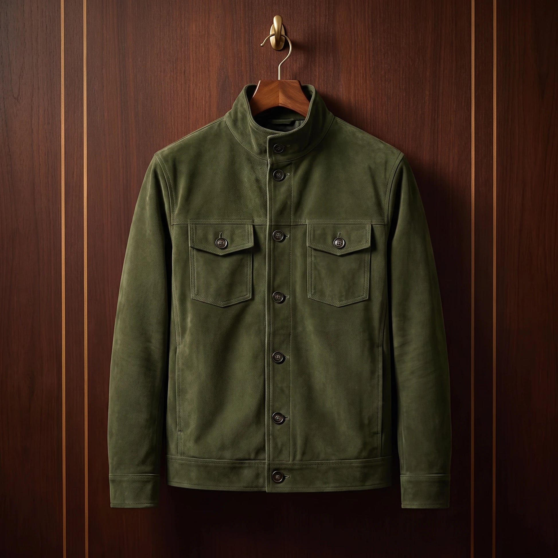 REFINED CHORE JACKET in army green, soft matte suede button-front shirt jacket, front view