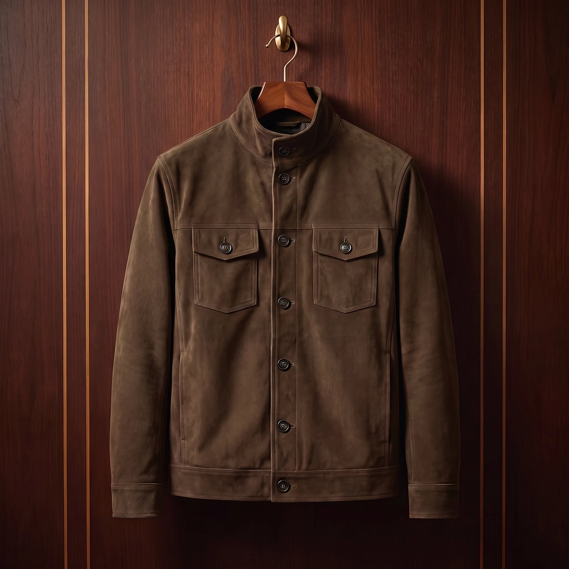 REFINED CHORE JACKET in brown, soft matte suede button-front shirt jacket, front view