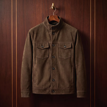 REFINED CHORE JACKET in brown, soft matte suede button-front shirt jacket, front view
