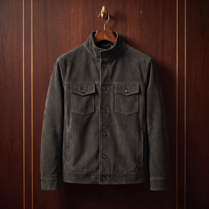 REFINED CHORE JACKET in dark grey, soft matte suede button-front shirt jacket, front view