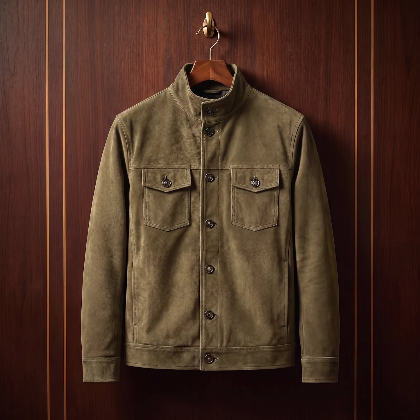 REFINED CHORE JACKET in khaki, soft matte suede button-front shirt jacket, front view