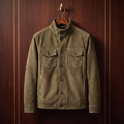 REFINED CHORE JACKET in khaki, soft matte suede button-front shirt jacket, front view