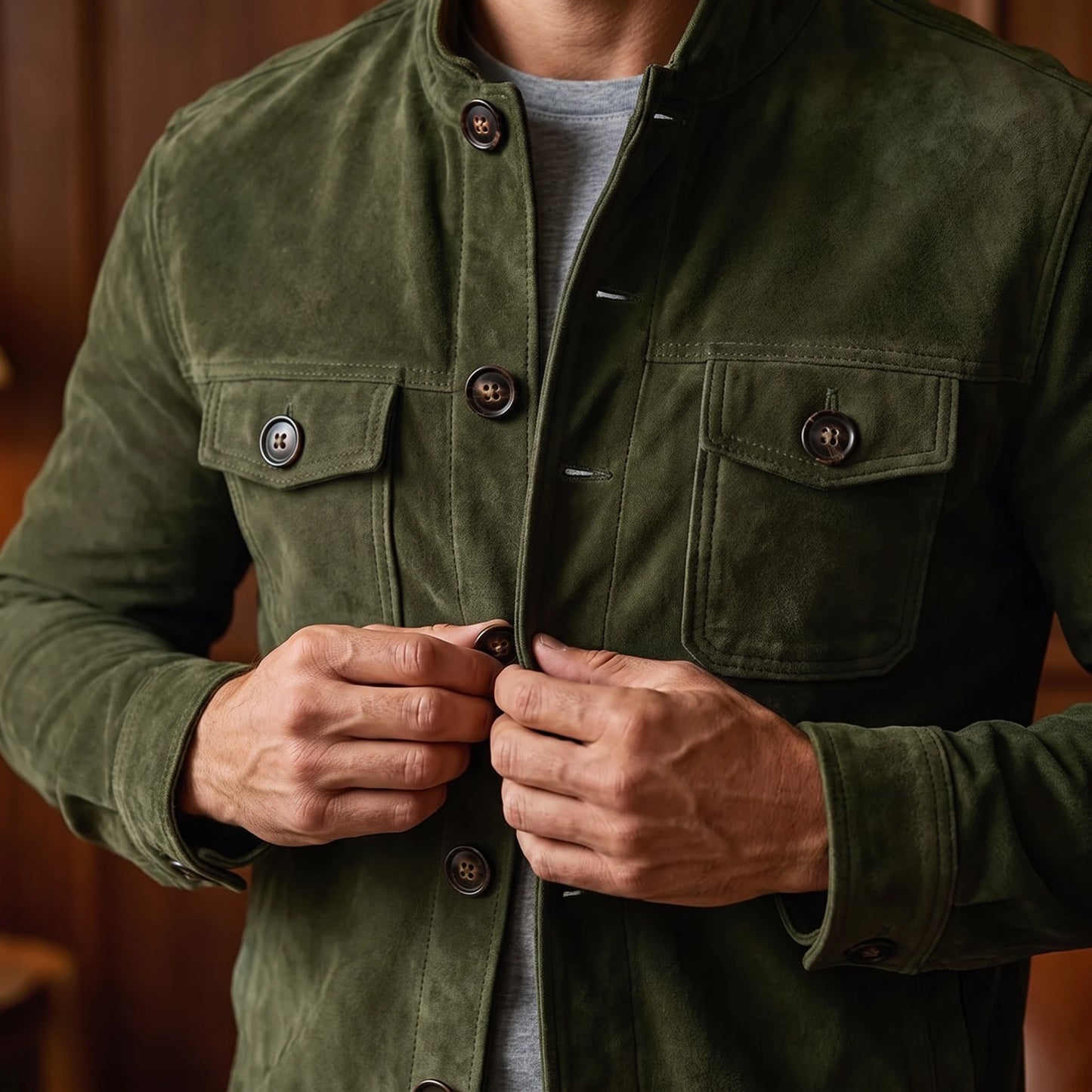 Man wearing REFINED CHORE JACKET in army green, buttoning the front placket