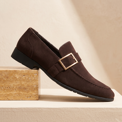 Refined Slip-On Loafers in coffee - single dress driving loafer on a travertine set